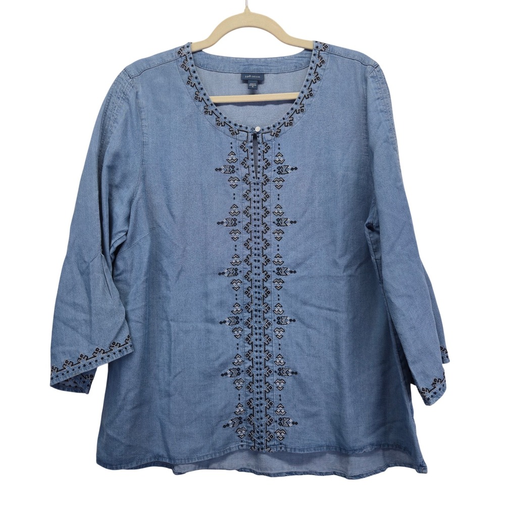 J Jill DENIM Embroidered Tunic Top‎ Light Wash Chambray Bell Sleeve Medium Boho